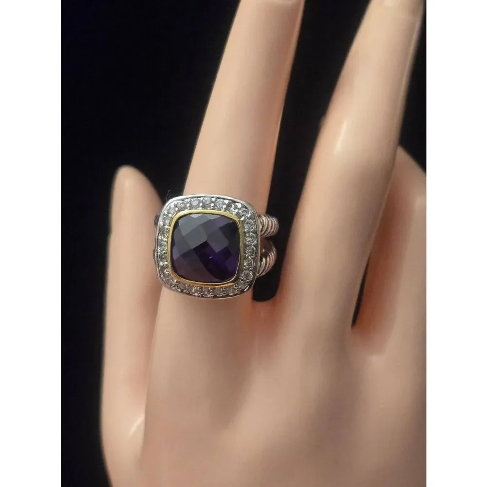 Women's Size 9 Purple Amethyst & White Crystal CZ Silver Tone Ring